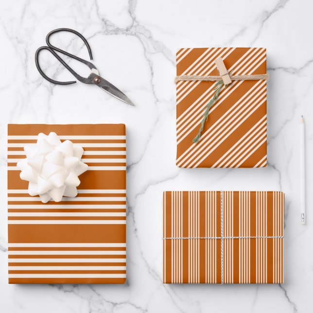 Beige and burnt orange five stripe pattern wrapping paper sheet (Front)