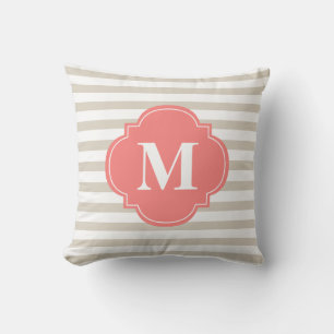 Beige and Coral Stripes Monogram Cushion