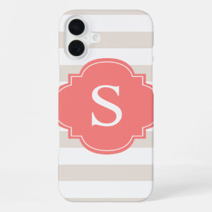 Beige and Coral Stripes Monogram iPhone 16 Plus Case