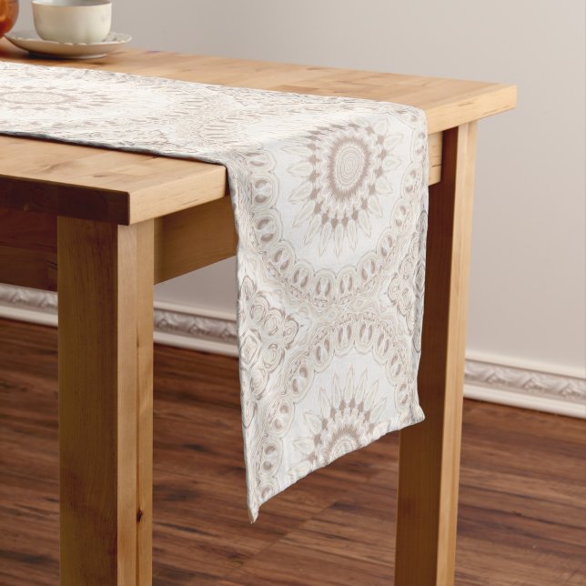 Beige and Cream Mandala Pattern Medium Table Runner (In Situ)