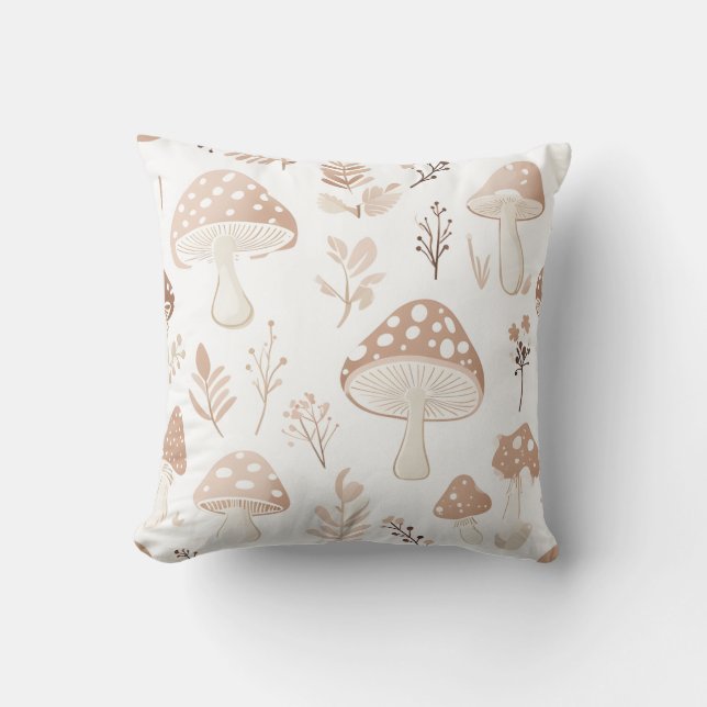 Beige and Cream Mushroom Pattern Throw Pillow (Front)