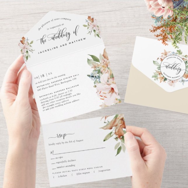 Beige and Earthy Blooms Wedding Tear Off RSVP All In One Invitation (Creator Uploaded)
