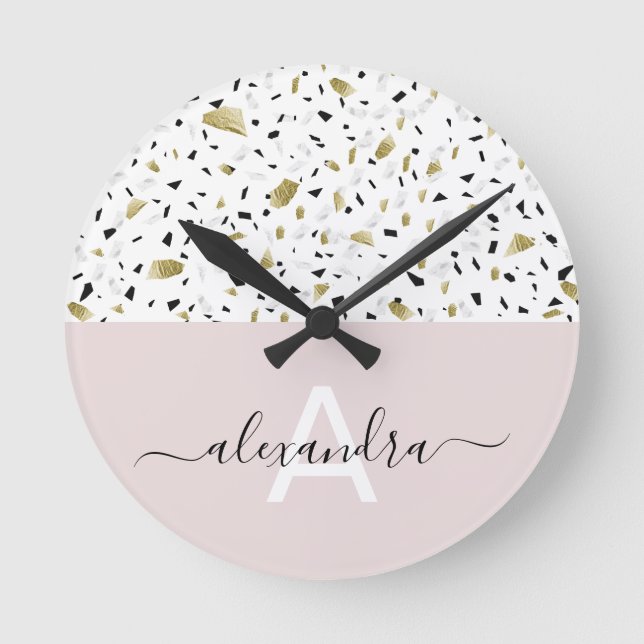 beige and gold foil terrazzo pattern monogram round clock (Front)