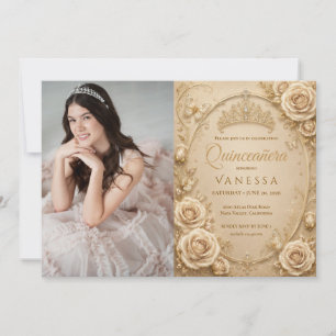 Beige and Gold Photo Quinceanera Invitation