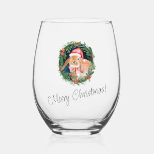 Beige and Green Christmas Greeting  Stemless Wine Glass