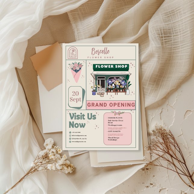 Beige and Green Elegant Flower Shop Opening Card (Creator Uploaded)