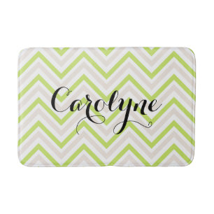 Beige and Green Thin Chevron Pattern Personalised Bath Mat