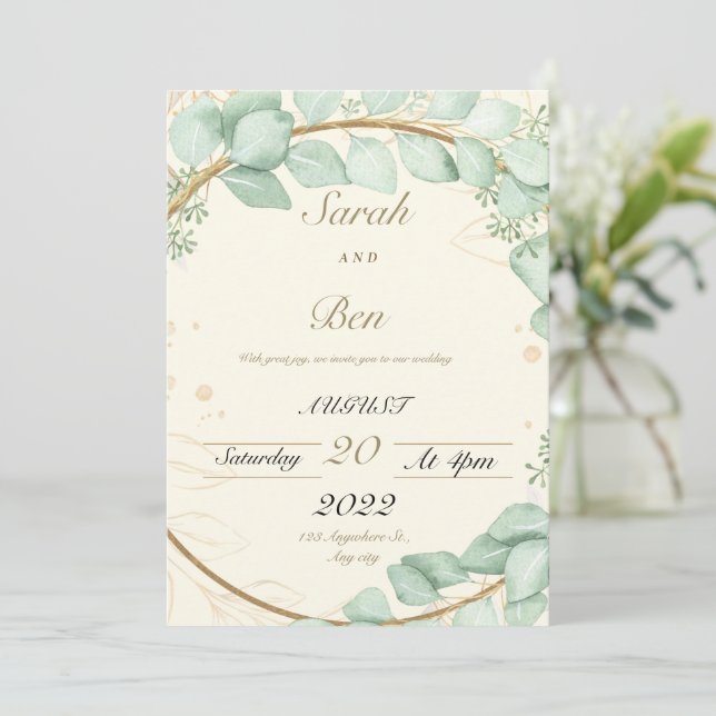 Beige and green wedding invitation (Standing Front)