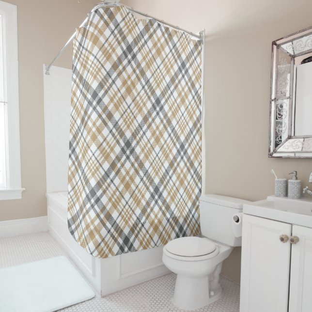 Beige And Grey Plaid Shower Curtain (In Situ)