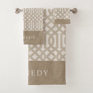Beige and Ivory Trellis Monogram   Farmhouse Bath Towel Set