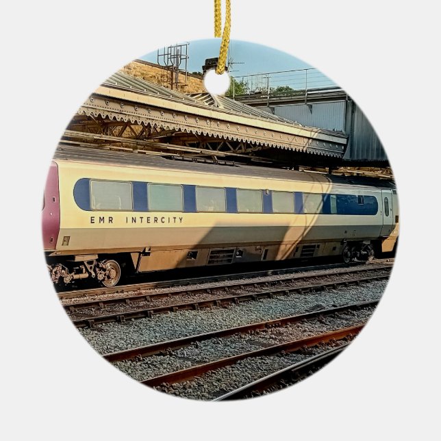 Beige and Maroon train Ceramic Tree Decoration (Front)