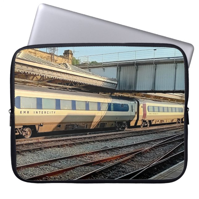 Beige and maroon train laptop sleeve (Front)
