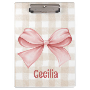 Beige and pink gingham with watercolor bow clipboard