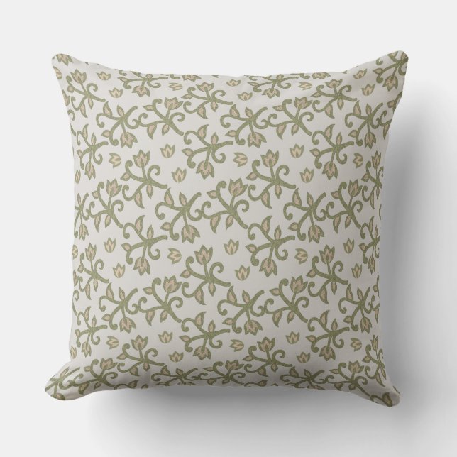 Beige and Sage Green Elegant Floral Vines Patten Cushion (Front)