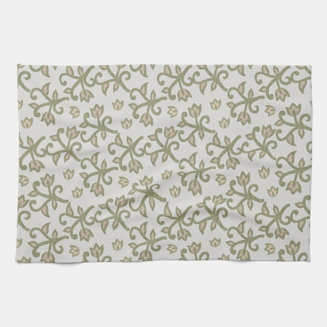 Beige and Sage Green Elegant Floral Vines Patten Tea Towel (Horizontal)