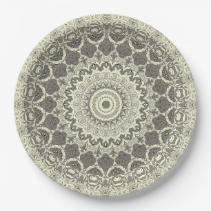 Beige and Taupe Mandala Pattern Design Paper Plate