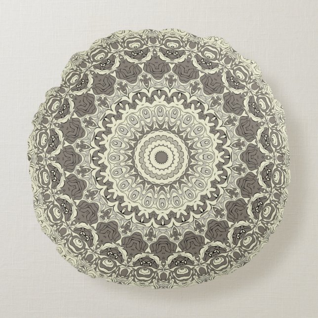 Beige and Taupe Mandala Pattern Design Round Cushion (Front)