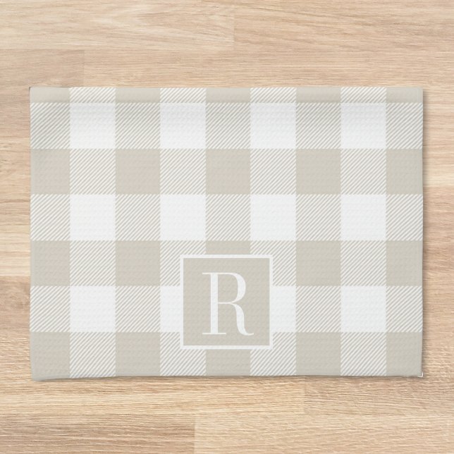 Beige and White Buffalo Check Custom Initial Gift Tea Towel (Creator Uploaded)