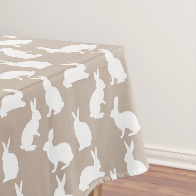 Beige And White Bunnies Modern Neutral Easter Tablecloth (In Situ)