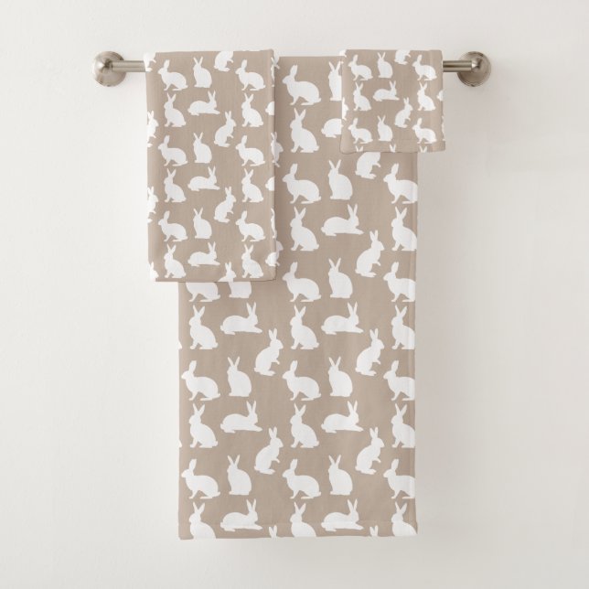 Beige And White Bunnies Neutral Stylish Easter Bath Towel Set (Insitu)