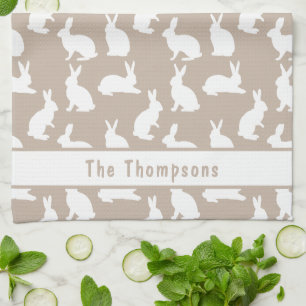 Beige And White Bunny Pattern And Name Easter Tea Towel