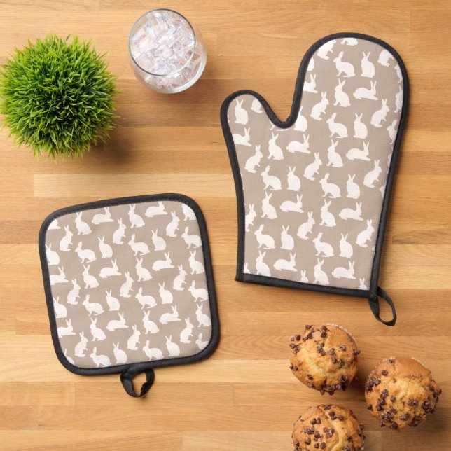 Beige And White Bunny Pattern Cute Easter Oven Mitt & Pot Holder Set (Top Down)