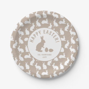 Beige And White Bunny Pattern Happy Easter Paper Plate