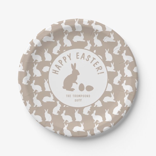 Beige And White Bunny Pattern Happy Easter Paper Plate (Front)