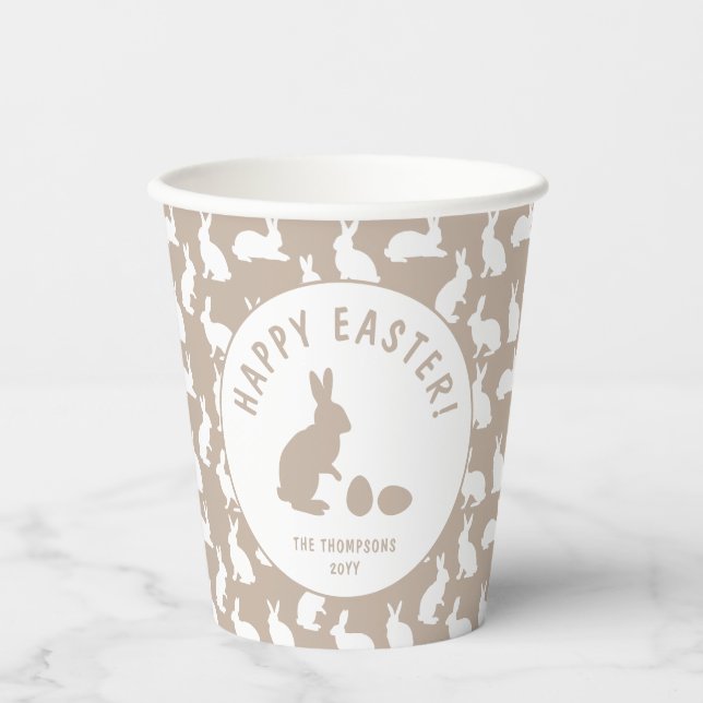 Beige And White Bunny Rabbit Pattern Happy Easter Paper Cups (Front)