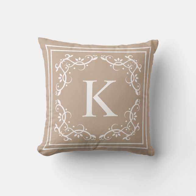 Beige And White Decorative Frame Custom Monogram Cushion (Front)