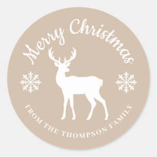 Beige And White Deer And Snowflakes Christmas Classic Round Sticker