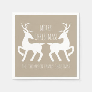 Beige And White Deers With Custom Text Christmas Napkin