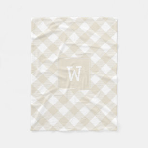 Beige and White Diagonal Plaid Farmhouse Monogram Fleece Blanket