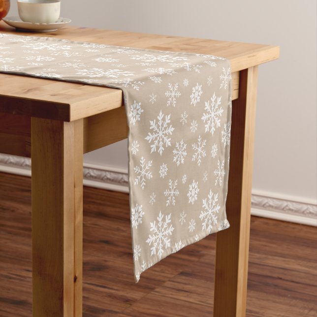 Beige And White Festive Winter Snowflake Pattern Short Table Runner (In Situ)