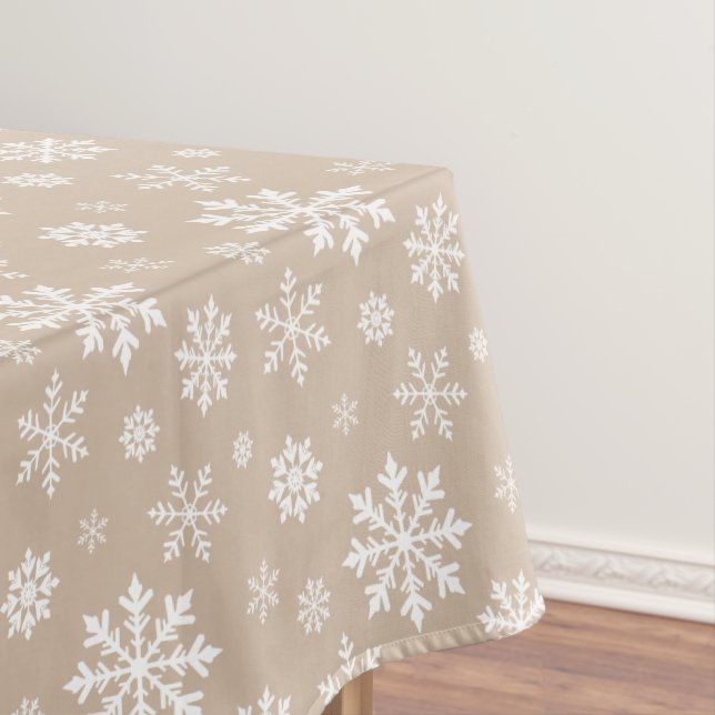 Beige And White Festive Winter Snowflake Pattern Tablecloth (In Situ)