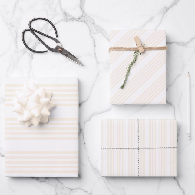Beige and white five stripe pattern wrapping paper sheet (Front)