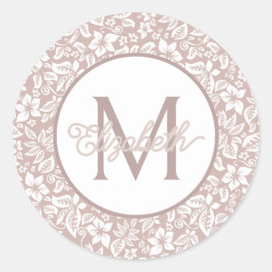 Beige and White Floral Monogram Classic Round Sticker