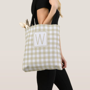 Beige and White Gingham Plaid Monogram Tote Bag