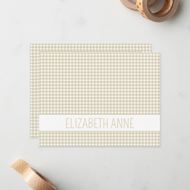Beige and White Gingham Plaid Personalised Card (Front/Back In Situ)