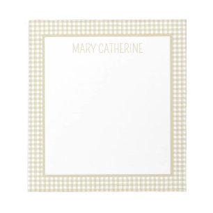 Beige and White Gingham Plaid Personalized Notepad