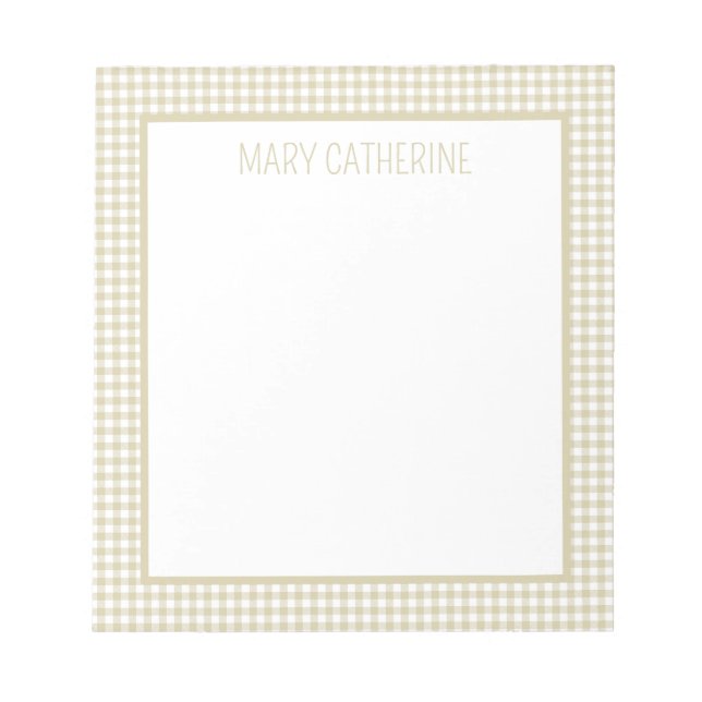 Beige and White Gingham Plaid Personalized Notepad (Front)