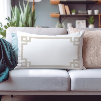 Beige and White Greek Key Border Cotton Lumbar Cushion