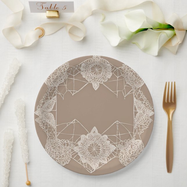 Beige and white patterns AI art  Paper Plate (Wedding)