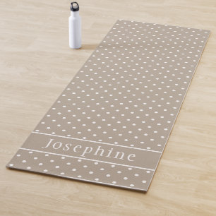 Beige And White Polka Dots Pattern And Custom Name Yoga Mat