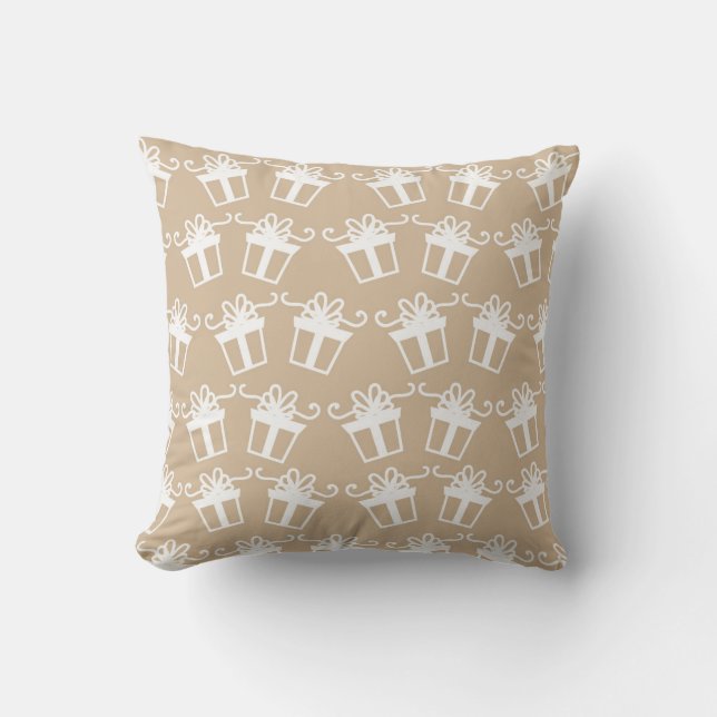 Beige and White Presents Christmas Pillow (Front)
