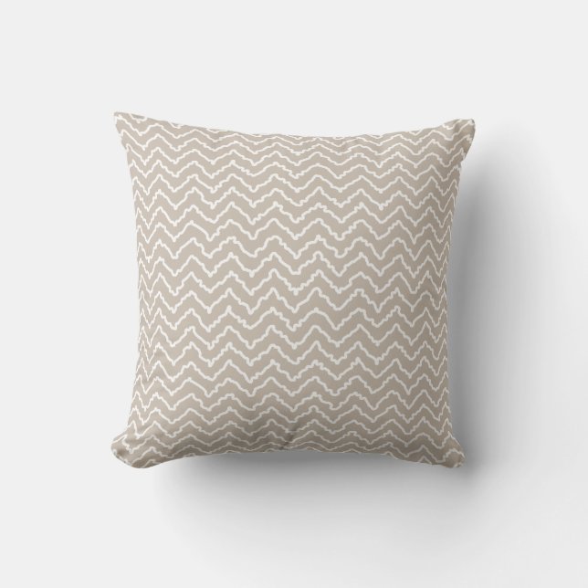Beige And White Squiggly Chevron Zigzag Pattern Cushion (Front)
