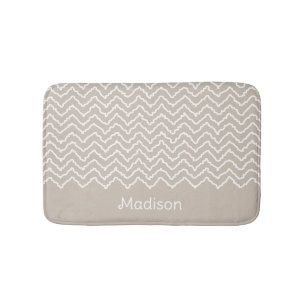 Beige And White Squiggly Chevron Zigzag With Name Bath Mat