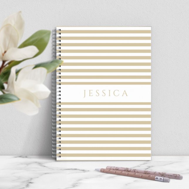 Beige And White Striped Pattern Name Notebook (Personalized Stripes Pattern Notebook)