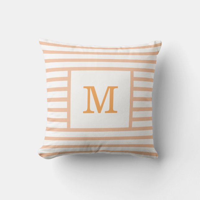 Beige and White Stripes Custom Monogram Cotton Cushion (Front)