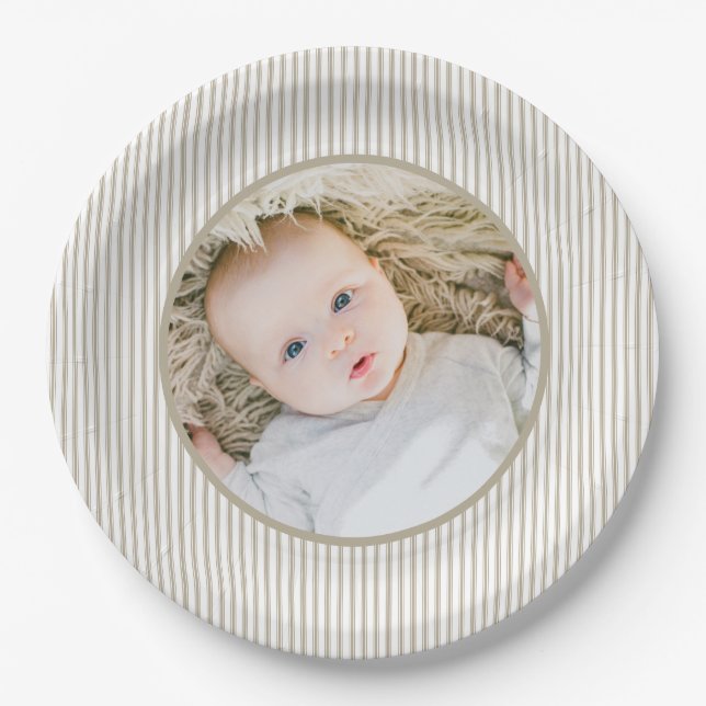 Beige and White Ticking Stripe  Paper Plate (Front)